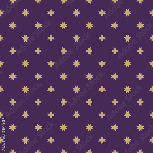 Vector geometric seamless pattern with golden stars, flower silhouettes, crosses. Simple abstract floral ornament. Purple and gold ornate background. Christmas decor texture. Repeat decorative design