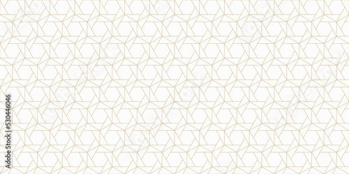 Luxury vector abstract geometric seamless pattern. Golden line texture with hexagons, triangles, grid, lattice. White and gold ornament. Simple minimal background. Elegant repeat decorative geo design