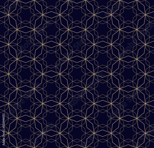 Abstract geometric seamless pattern in traditional Arabian style. Golden vector ornament with thin lines, oriental mosaic, floral grid. Black and gold background. Luxury texture. Elegant repeat design