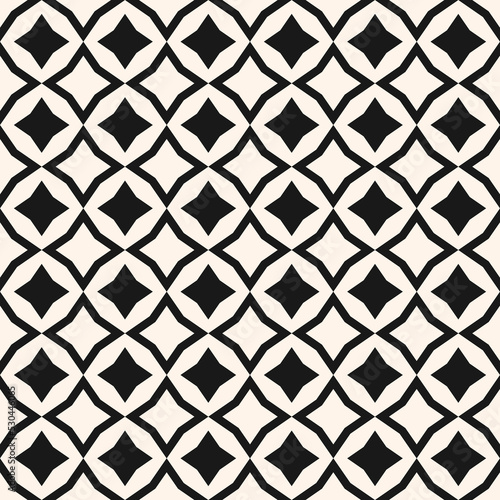 Vector abstract diamond seamless pattern. Stylish black and white background. Simple geometric ornament with floral silhouettes  stars  rhombuses. Modern monochrome texture. Repeat decorative design