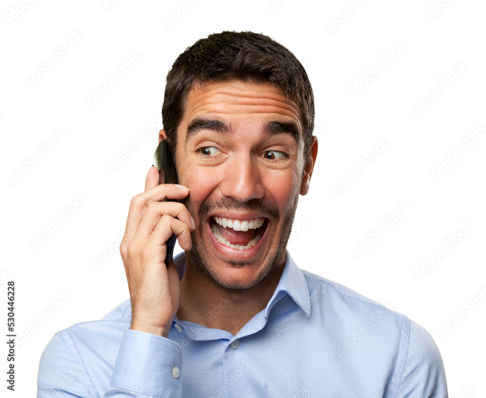 Funny young man calling on mobile phone Funny young man calling on mobile phone