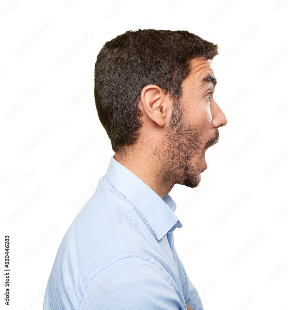 Close up of a surprised young man in profile Close up of a surprised young man in profile