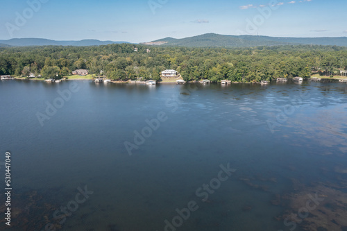 Aerial overhead view of lakefront homes and boat houses on Guntersville Lake in Scottsboro Alabama.