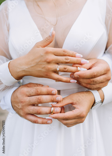 The bride and groom put golden rings on their fingers at the ceremony close-up. Wedding photography, portrait.