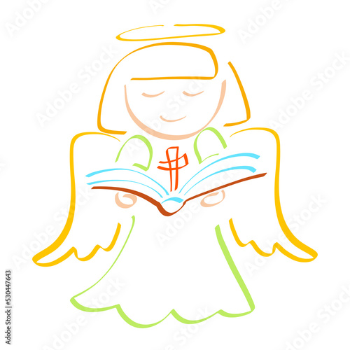 cute angel with an open bible in his hands and a cross over its pages