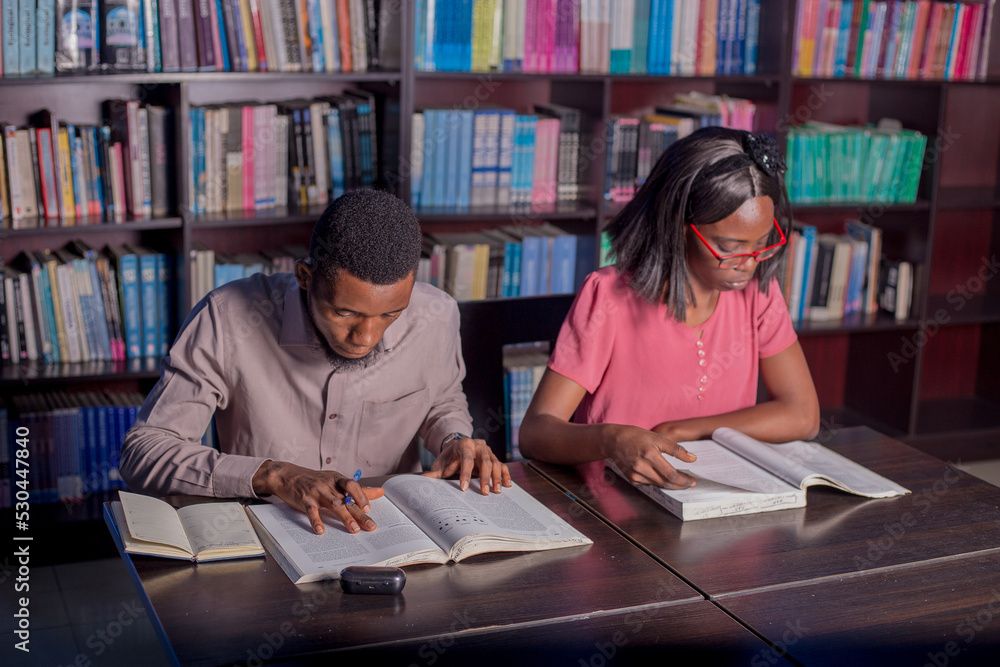 A man and woman in a library reading A man and woman in a library reading