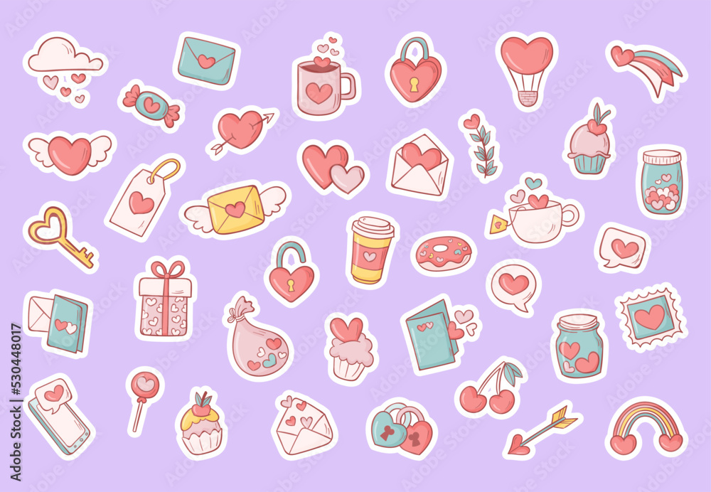 Vector Set of valentines stickers. St valentines day stickers collection on blue background. Be my valentine, love, hearts. Printable template
Vector Set of valentines stickers. St valentines day stickers collection on blue background. Be my valentine, love, hearts. Printable template