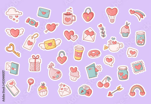 Vector Set of valentines stickers. St valentines day stickers collection on blue background. Be my valentine, love, hearts. Printable template
