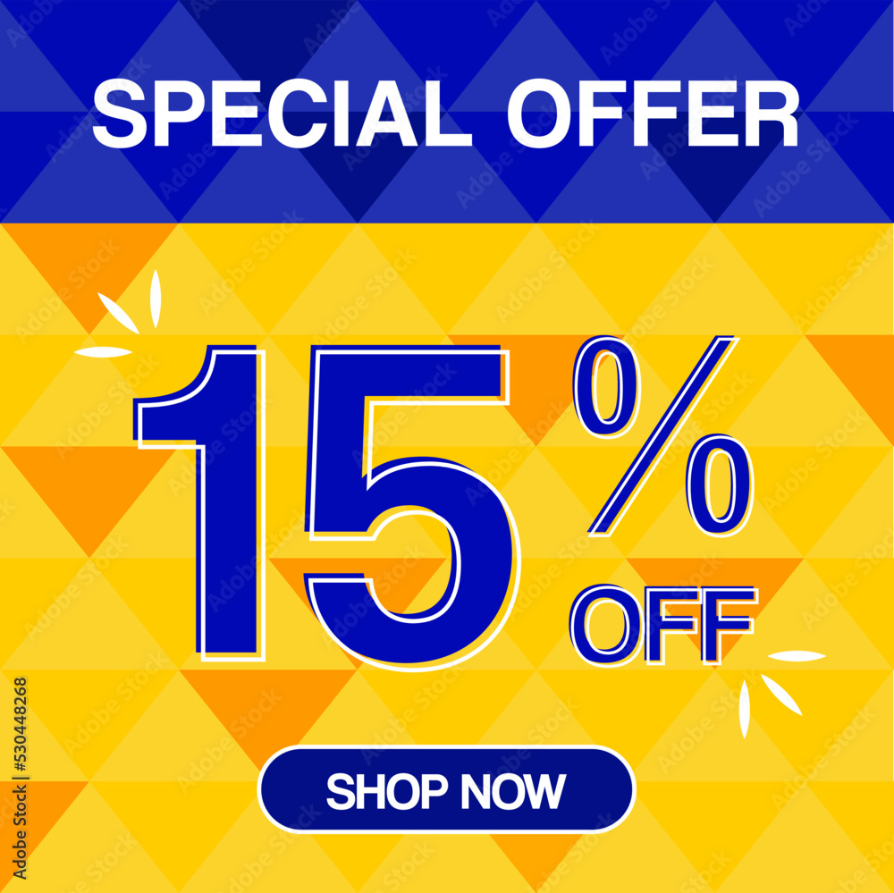 Naklejka premium 15% percent discoint special offer tag oranje and blue background shop now 