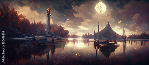 Canvastavla excalibur in the middle of a lake under a giant full moon Digital Art Illustrati