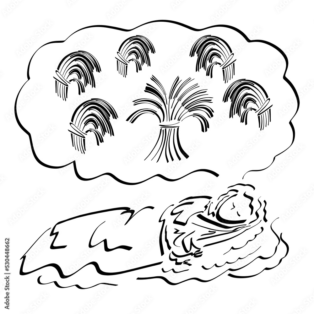 Sleeping Joseph dreams of how sheaves of wheat bow, prophecy from God