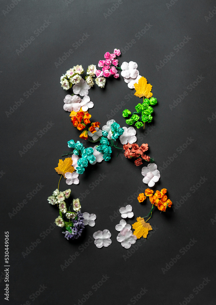 number eight made of flowers as a symbol of the 8th of march, the international women's day