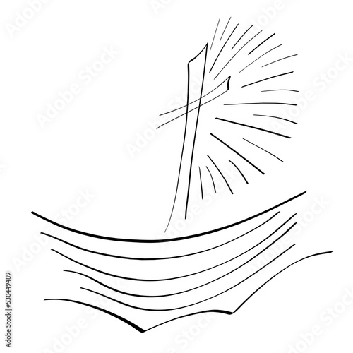 boat sailing on waves with shining cross, Christian journey of salvation, black abstract symbol