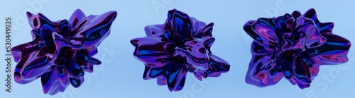 Abstract shape set, dark liquid objects flowing in chaotic waves. 3D rendering.