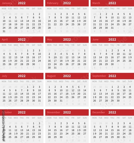 simple minimalistic calendar for the year 2022, week starts on monday