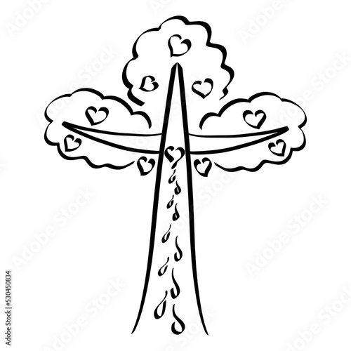 tree of life in the form of a cross with fruits in the shape of a heart, redemption and love, black outline