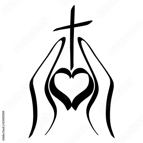 hands hold a heart with a cross over it, christian symbol, black pattern on a white background