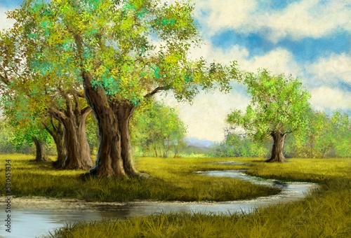 Beautiful spring landscape with river and trees. Beautiful big trees  stream  meadow with green grass. Oil paintings rural landscape with trees  fine art  artwork