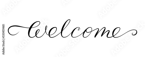 Welcome swashes calligraphy for landing page ui web mobile app, poster banner, flyer inscription. Handwritten brush pen scratched invitation header. Advertising signboard title. Scrapbook stamp