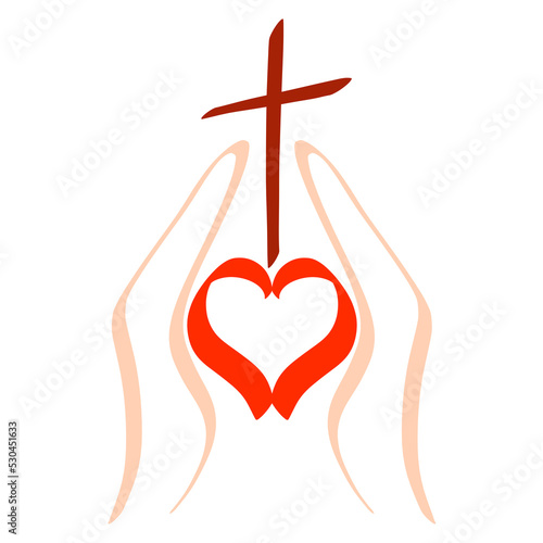 hands hold a heart with a cross over it, colorful christian symbol on a white background