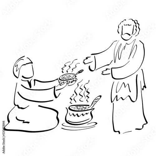 Esau sells the birthright to Jacob for stew, black outline on white background photo
