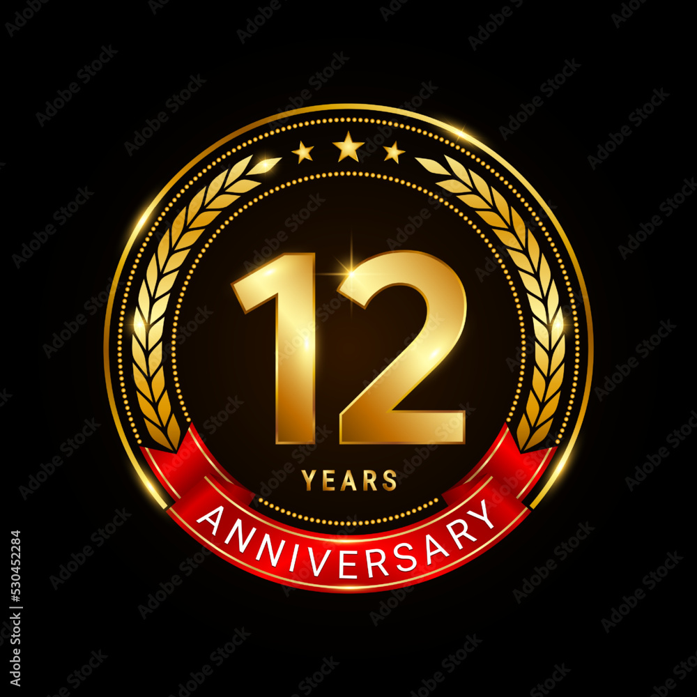 Fototapeta premium 12 years anniversary, golden anniversary celebration logotype with red ribbon isolated on black background, vector illustration