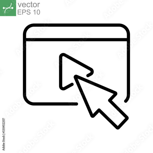 Click, cursor, film, watch video icon. Play button with arrow cursor for movie or cinema clip. Digital record media of online multimedia. Line vector illustration Design on white background EPS10