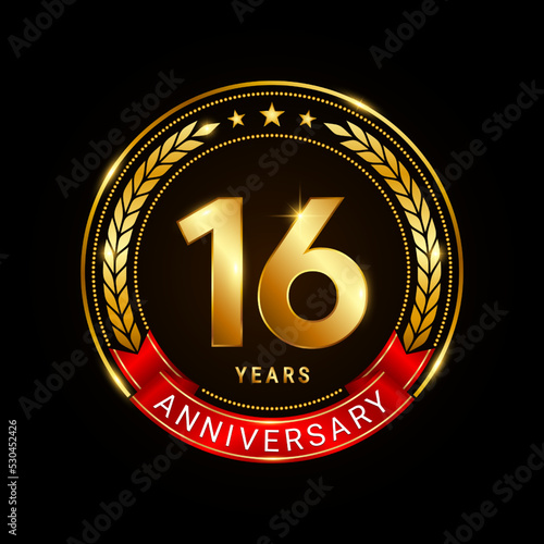 16 years anniversary, golden anniversary celebration logotype with red ribbon isolated on black background, vector illustration