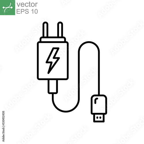 usb mobile charger icon line style. Electric cable power supply for phone cell. Adapter plug, electricity connector for recharge battery. Vector illustration. Design on white background. EPS 10