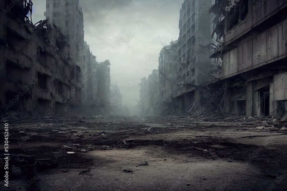 Fototapeta premium A post-apocalyptic ruined city. Destroyed buildings, burnt-out vehicles and ruined roads. 3D rendering