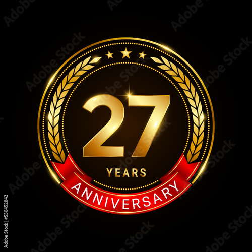 27 years anniversary, golden anniversary celebration logotype with red ribbon isolated on black background, vector illustration