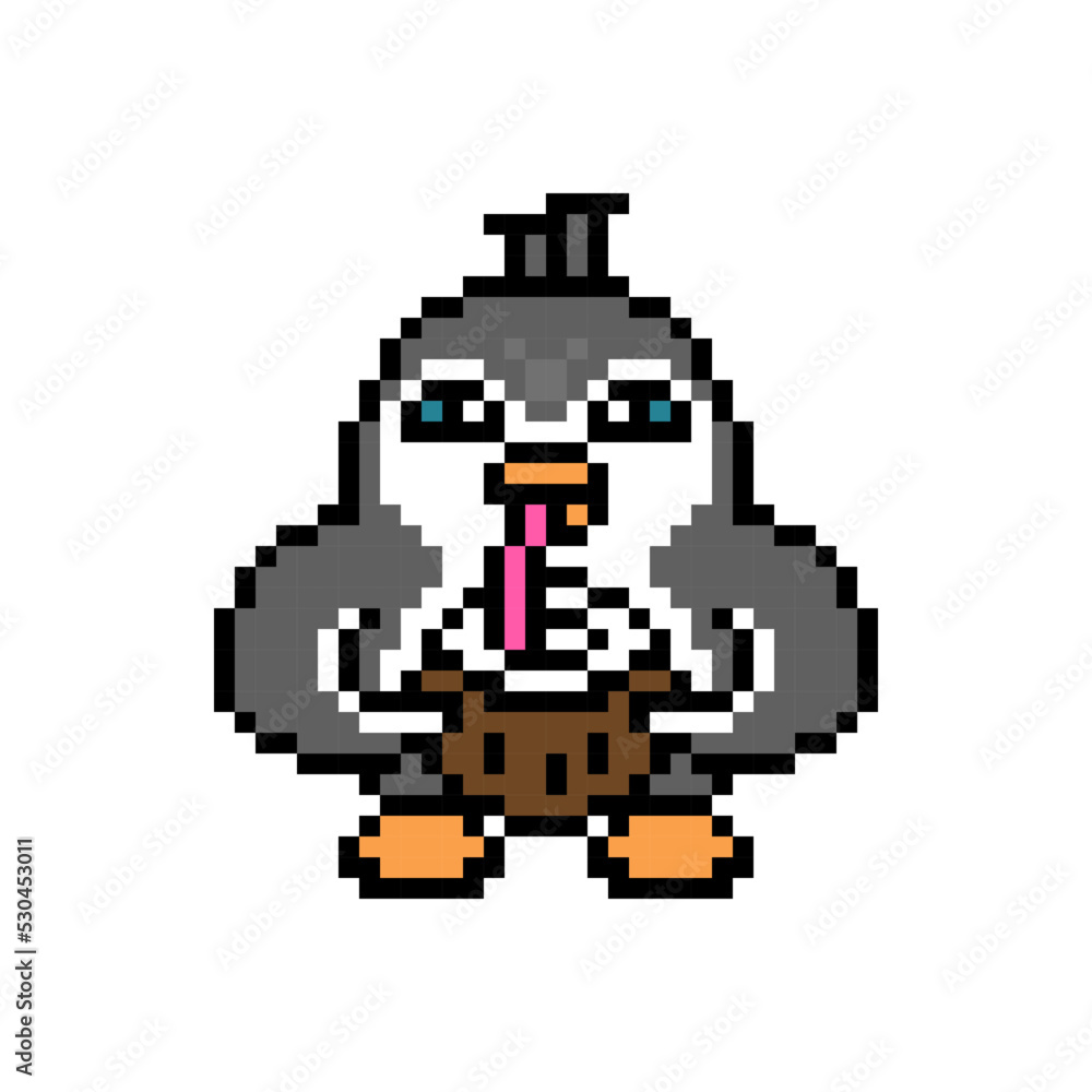 Penguin drinking coconut cocktail through a straw, pixel art animal character isolated on white background. Old school retro 80's-90's 8 bit slot machine, 2d video game graphics. Cartoon mascot. Penguin drinking coconut cocktail through a straw, pixel art animal character isolated on white background. Old school retro 80's-90's 8 bit slot machine, 2d video game graphics. Cartoon mascot.