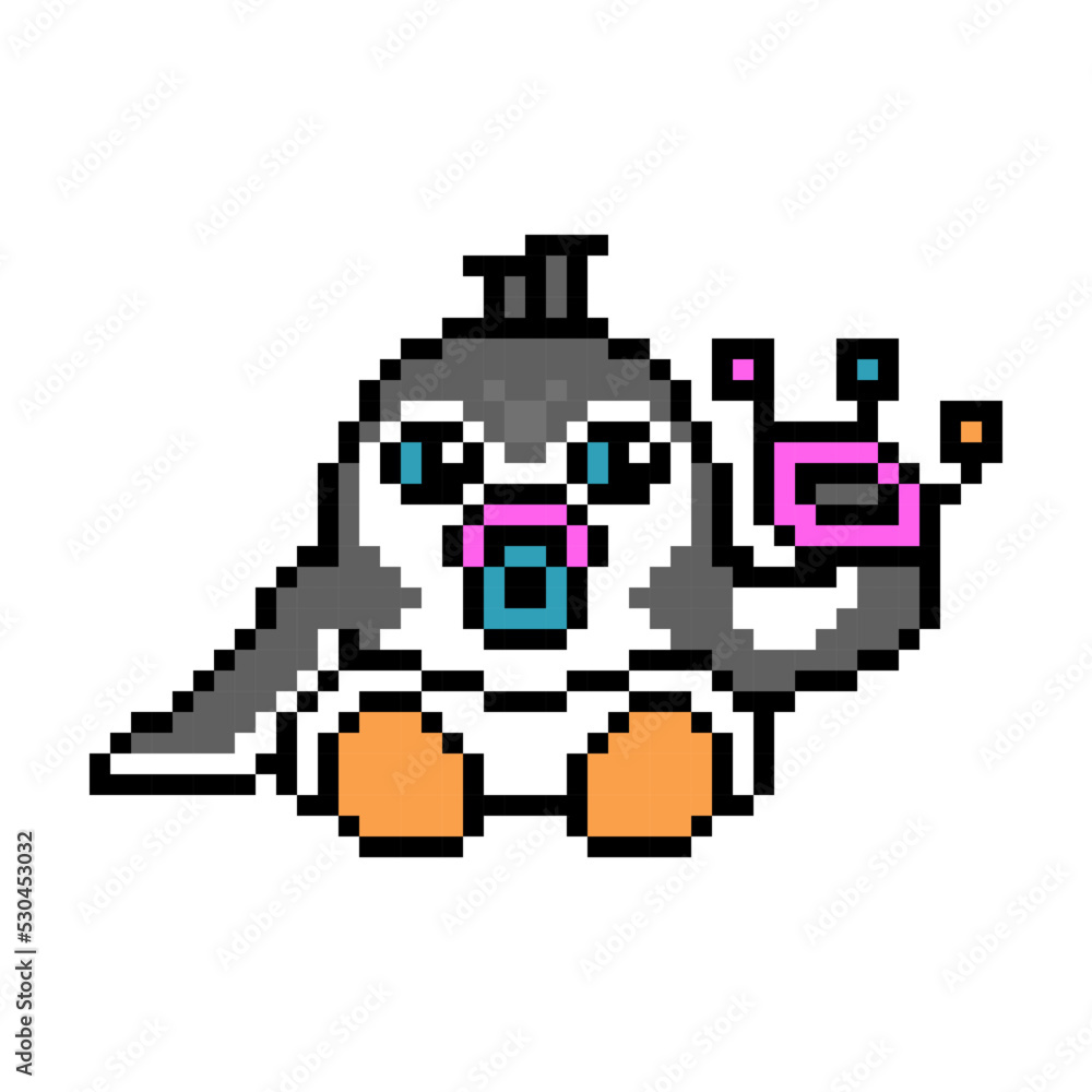 Little baby penguin in diaper with a rattle and pacifier, cute pixel art character isolated on white background. Old school retro 80s, 90s 8 bit slot machine, video game graphics. Child animal mascot.