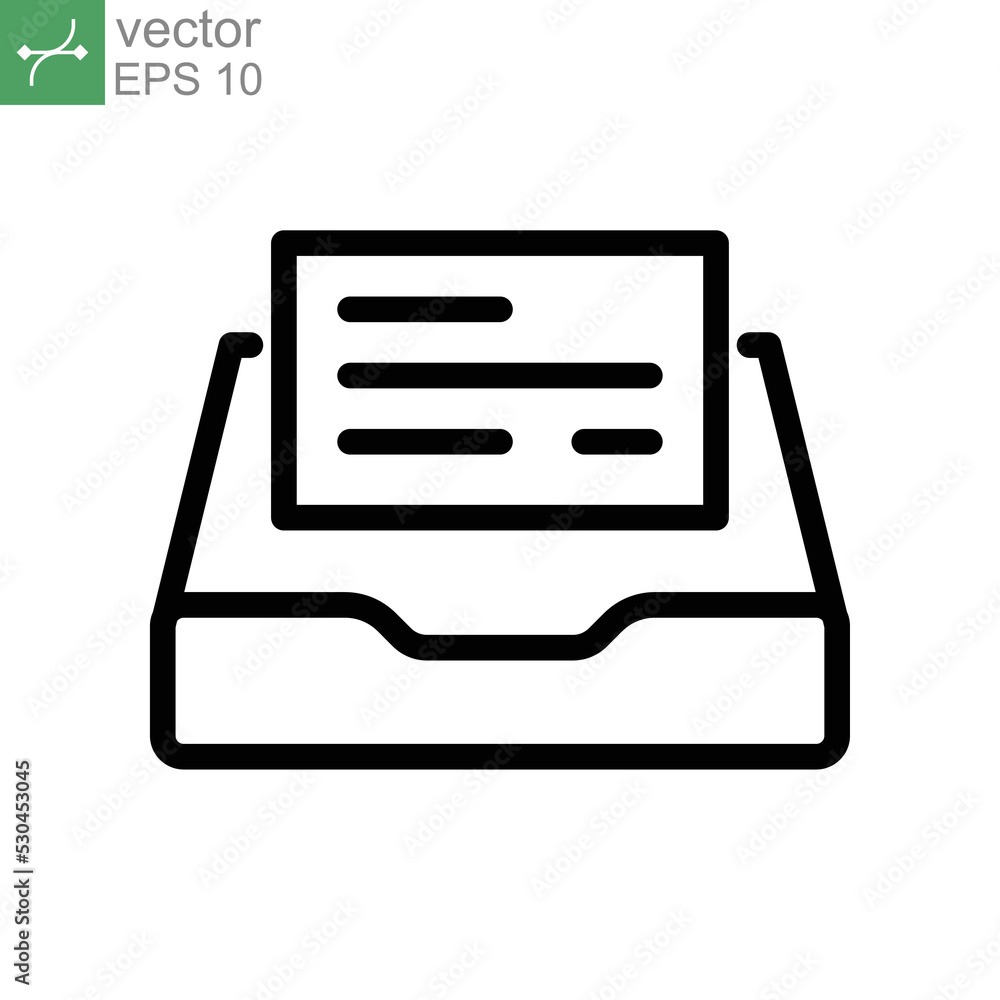 Documents drawer icon. Open new mail. Cabinet archive, file drawer, office storage, business document paper drawer. Vector illustration. Design on white background. EPS 10 Documents drawer icon. Open new mail. Cabinet archive, file drawer, office storage, business document paper drawer. Vector illustration. Design on white background. EPS 10