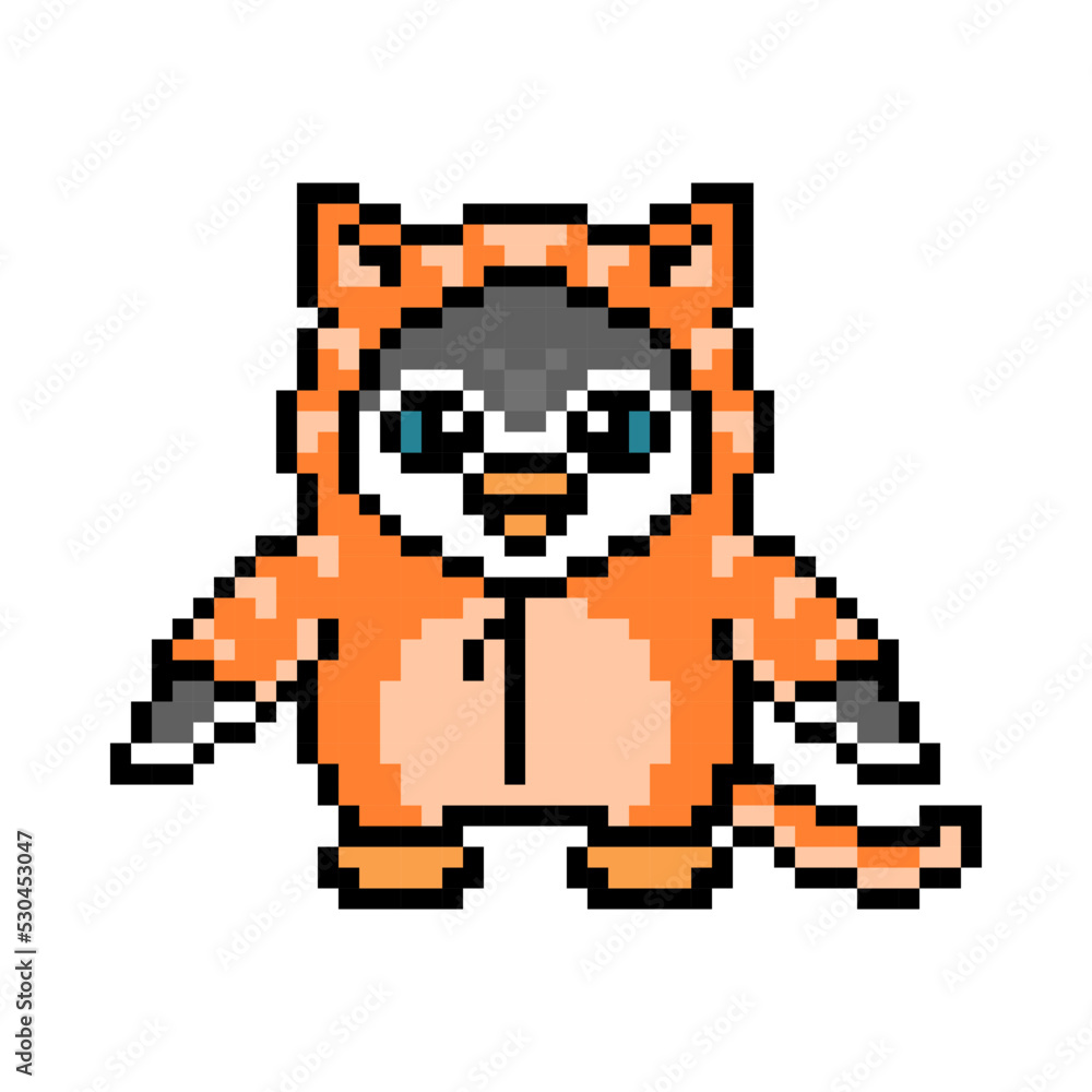 Fototapeta premium Penguin in a cat kigurumi costume, cute pixel art animal character isolated on white background. Old school retro 80s, 90s 8 bit slot machine, computer, video game graphics. Cartoon kid party mascot.