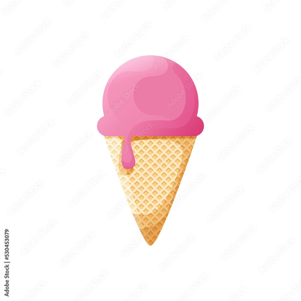 Różowe lody w wafelku. Roztapiający się słodki deser. Lód w rożku, jedna kulka - smak truskawkowy. - obrazy, fototapety, plakaty 
