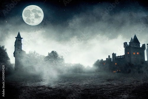 Mystical and spooky castle in the dark and in the fog. An ancient historical castle. 3D rendering. photo