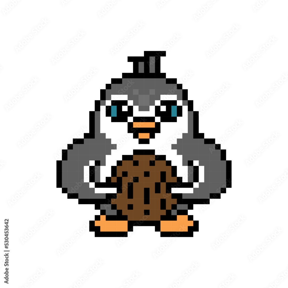 Penguin holding a coconut, pixel art animal character isolated on white background. Old school retro 80's-90's 8 bit slot machine, 2d video game graphics. Cartoon mascot.