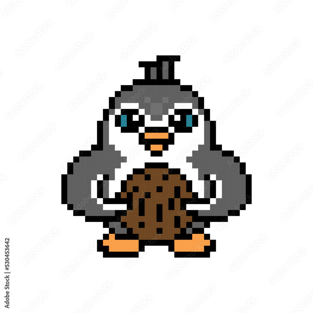 Penguin holding a coconut, pixel art animal character isolated on white background. Old school retro 80's-90's 8 bit slot machine, 2d video game graphics. Cartoon mascot. Penguin holding a coconut, pixel art animal character isolated on white background. Old school retro 80's-90's 8 bit slot machine, 2d video game graphics. Cartoon mascot.