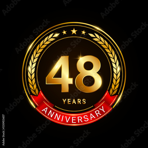 48 years anniversary, golden anniversary celebration logotype with red ribbon isolated on black background, vector illustration