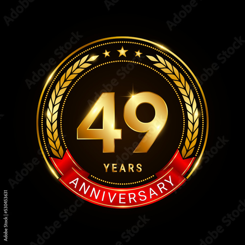 49 years anniversary, golden anniversary celebration logotype with red ribbon isolated on black background, vector illustration