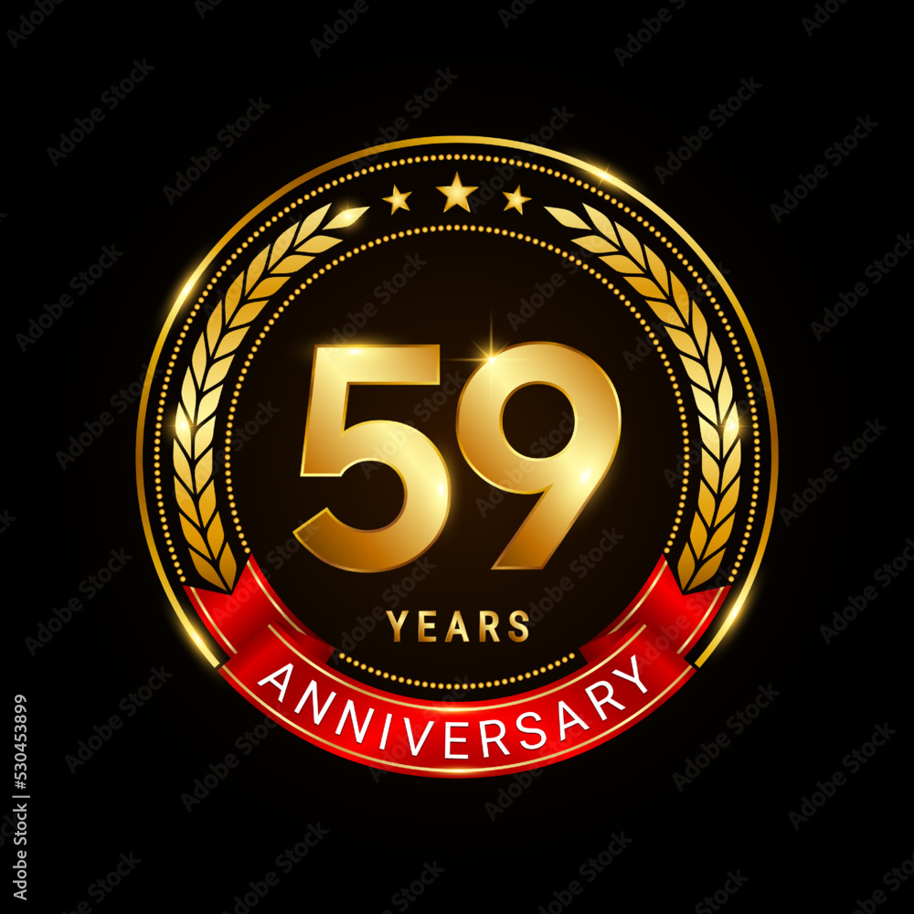 59 years anniversary, golden anniversary celebration logotype with red ribbon isolated on black background, vector illustration