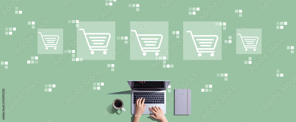 Online shopping theme with person working with a laptop Online shopping theme with person working with a laptop