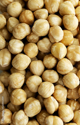Peeled hazelnuts on the table.