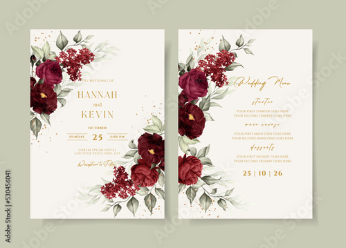 Beautiful floral wedding invitation and menu template set with red roses and leaves decoration