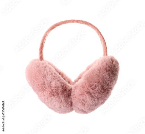 Stylish warm soft earmuffs isolated on white photo