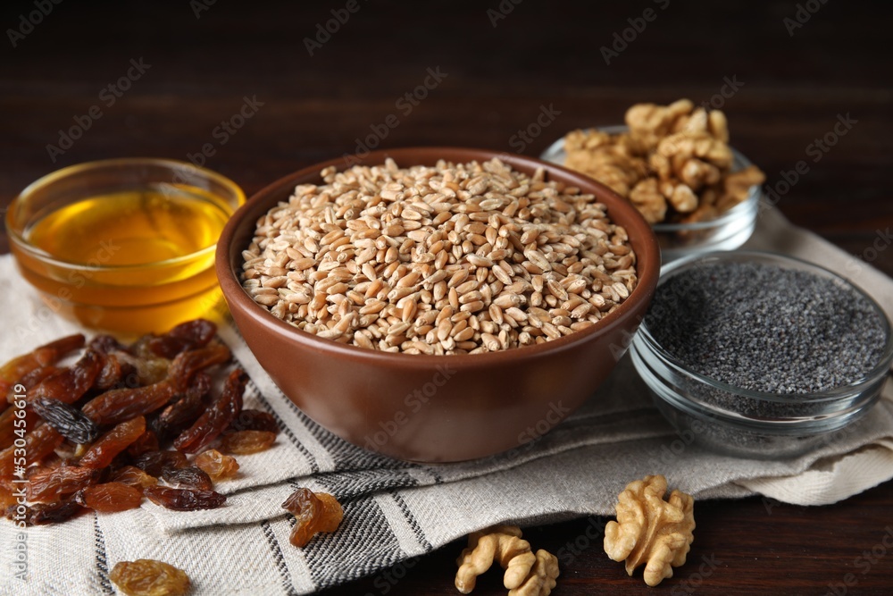 Ingredients for traditional kutia on wooden table Ingredients for traditional kutia on wooden table