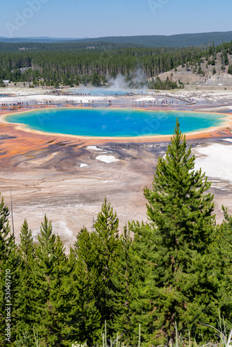 Portrait view of Grand Prismatic Spring from the Fairy Falls overlook in Yellowstone National Park