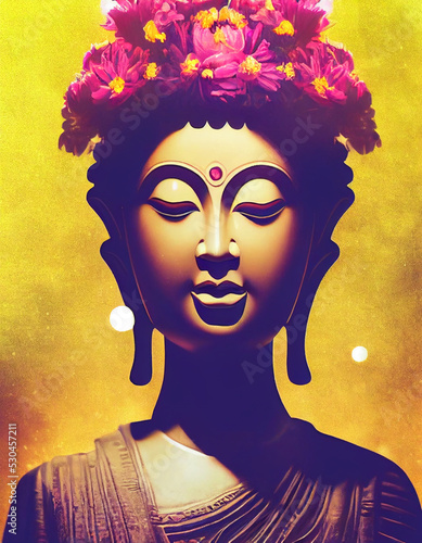 Beautiful female Buddha with yellow background and flower design showing religion and faith Buddhism illustration and believe in god
