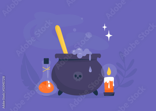 Witch magical cauldron with poisonous potion. Bottle of toxic orange elixir. Candle light.